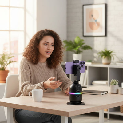 P03 gimbal stabilizer tripod with phone mounted, RGB ring light active