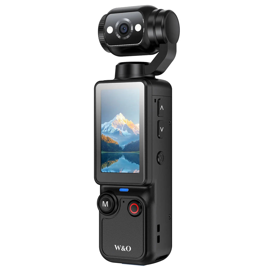 W&O portable pocket video camera with rotating lens and stabilizer grip