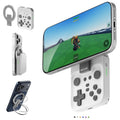 White magnetic snap-on mobile gaming controller attached to a smartphone