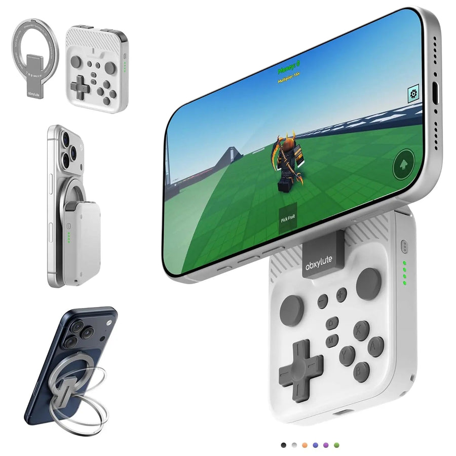 White magnetic snap-on mobile gaming controller attached to a smartphone