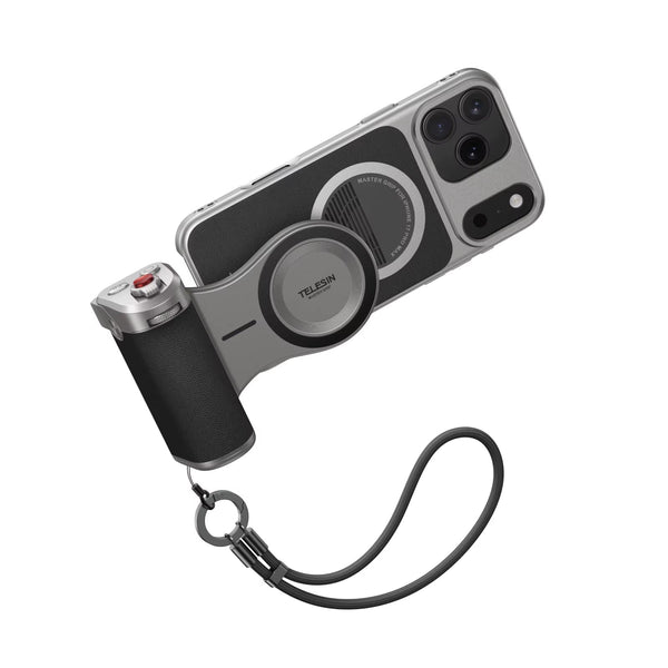 Magnetic camera grip kit attached to an iPhone showing shutter and zoom controls