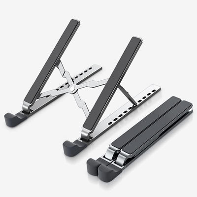 Silver aluminum laptop stand holding a laptop at an adjusted angle