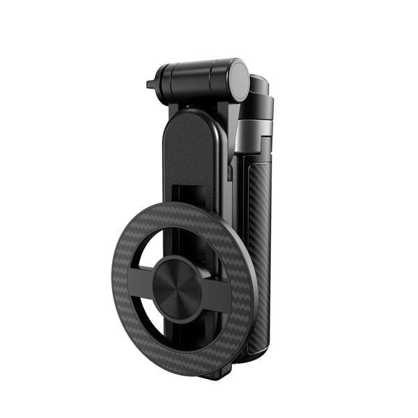 Compact magnetic selfie stick extended with phone mounted for a selfie shot