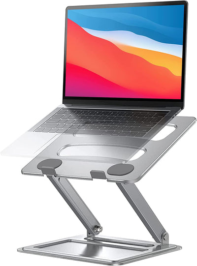 Portable adjustable laptop stand holding a laptop on a desk