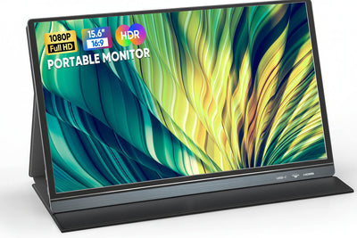 15.6 inch portable monitor with built-in stand, connected via USB-C to a laptop