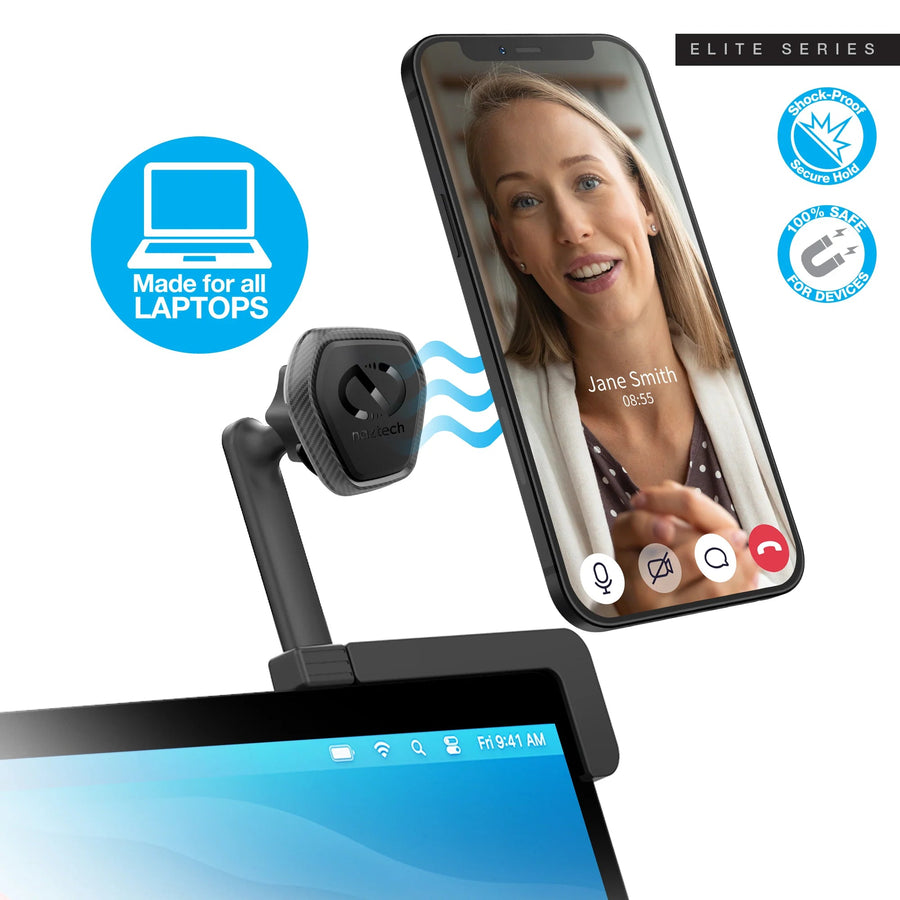 Magnetic phone mount attached to the side of a laptop screen
