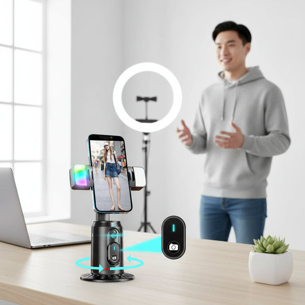 Black AI auto face tracking tripod with phone mounted and RGB ring light