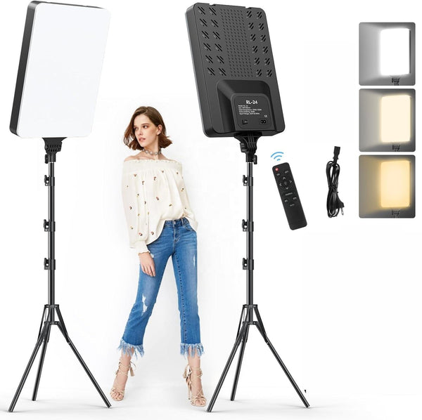 LED panel light on tripod stand set up for video recording