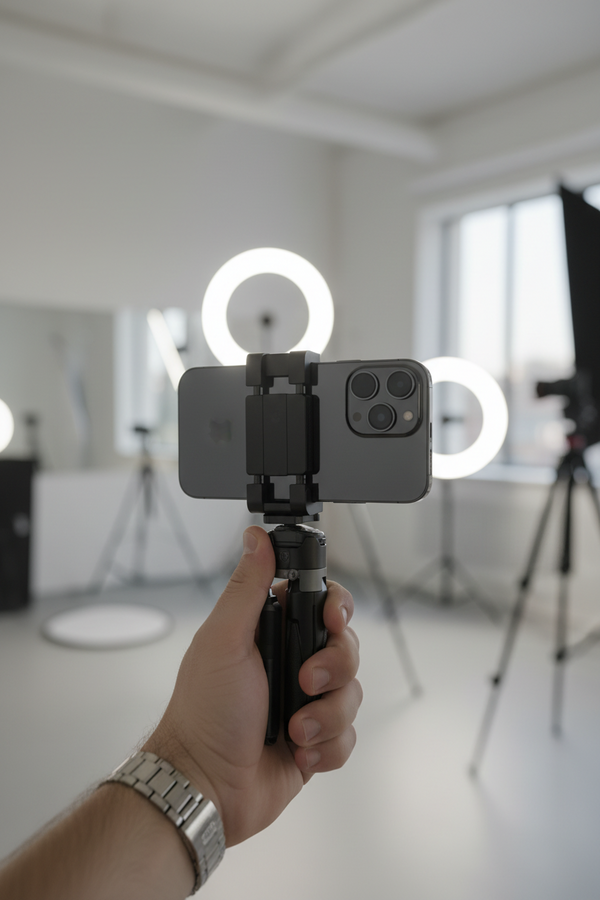Mini grip quadripod folded as a compact phone tripod with Bluetooth remote