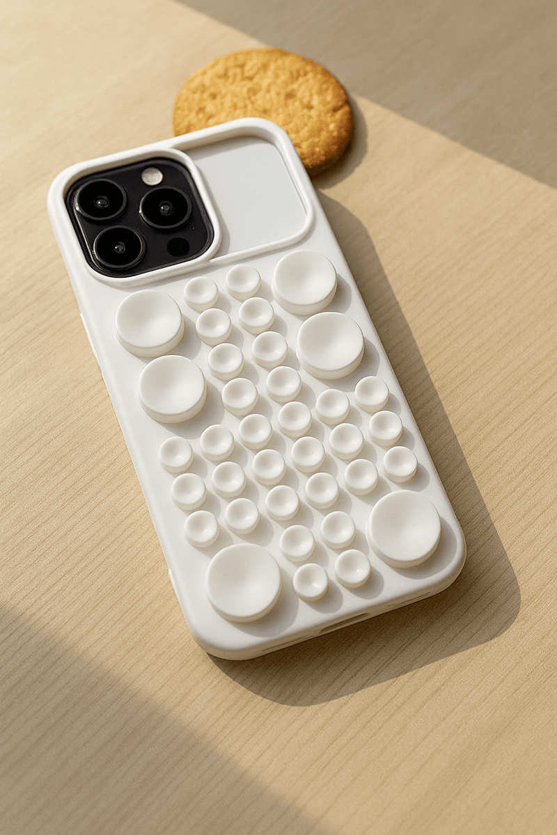 Silicone Pop It iPhone case by Tekvynstore featuring colorful pop-it bubbles on a protective phone cover.
