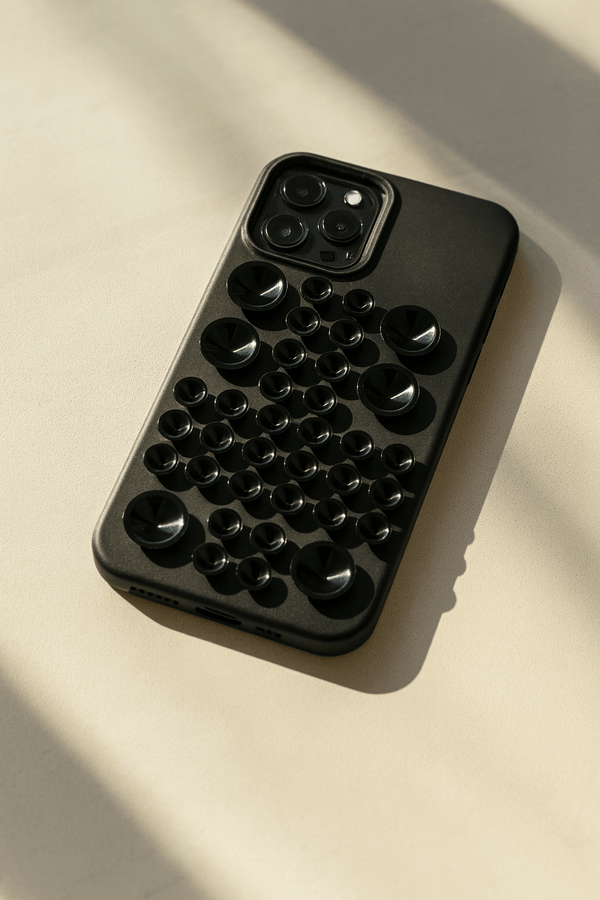 Silicone pop-it textured iPhone case in black with bubble pattern