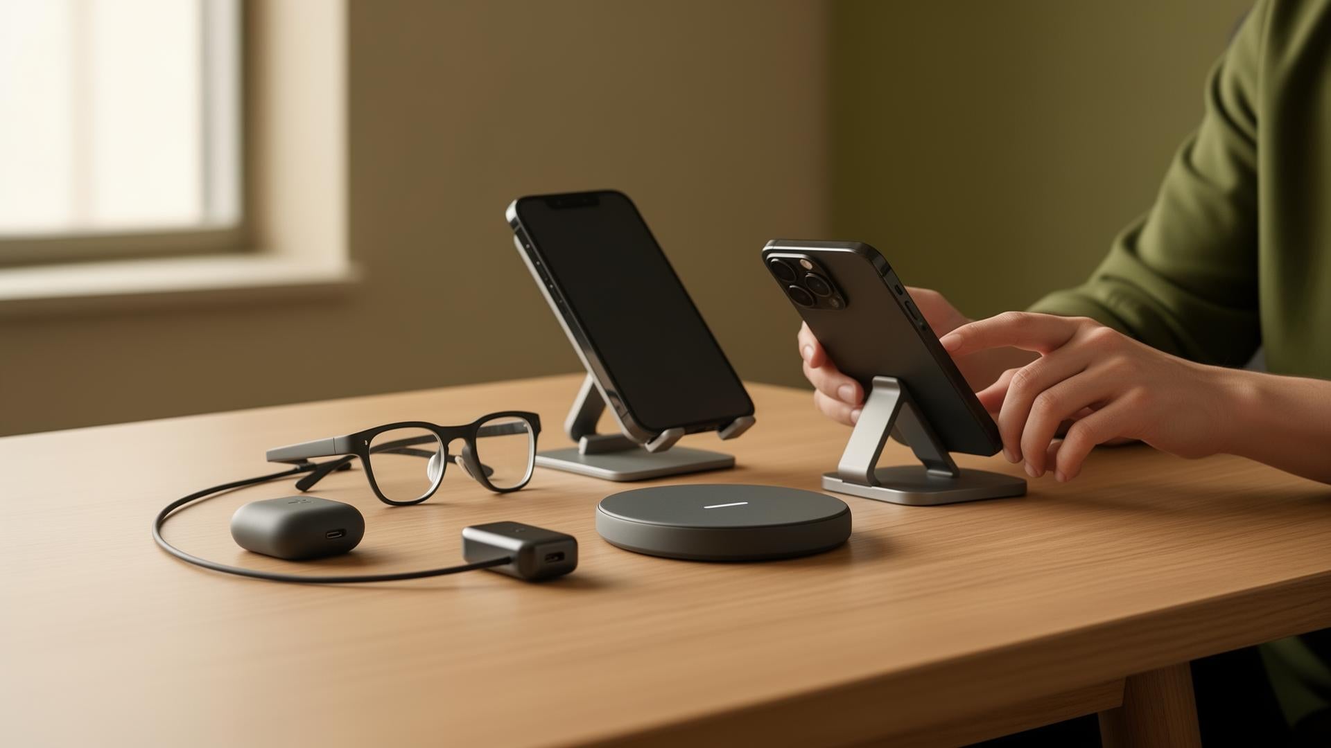 Modern tech gadgets arranged on a clean desk